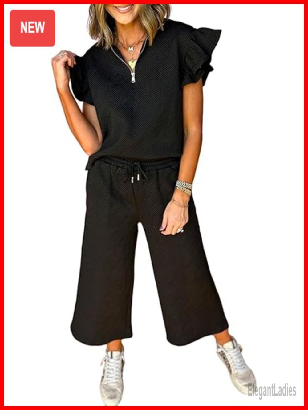 2 Piece Lounge Set V Neck Ruffle Short Sleeve Polo Quarter Zip Pullover Tops